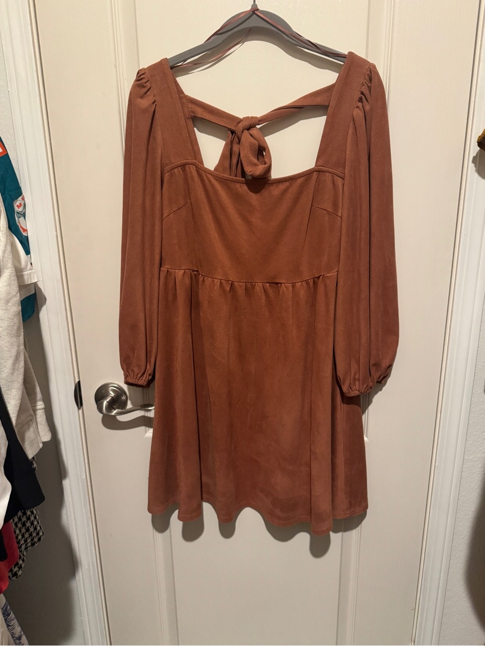 Tie-Back Long Sleeve Mini Dress in Rust
